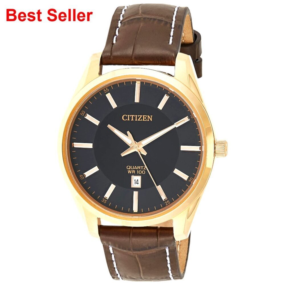Stainless Steel Quartz Watch with Leather Band, 100m Water Resistant